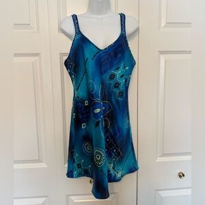 Vintage Abstract Floral Blue Slip Dress Ladder Lace Straps Medium Satin USA Y2K